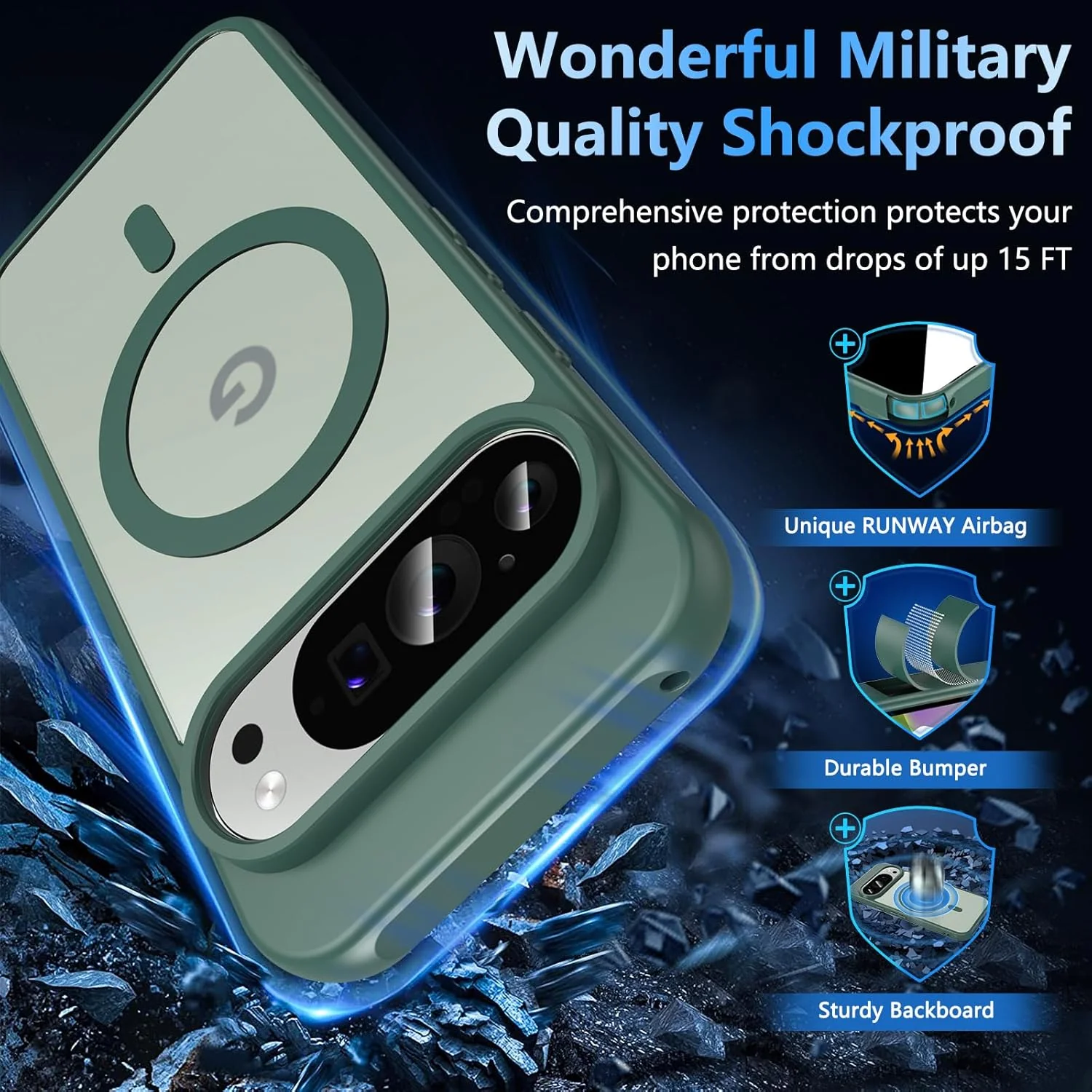 Funda para Google Pixel 10/10 Pro compatible con Magsafe con vidrio templado, [A prueba de golpes, militar], magnética, translúcida, delgada, protectora para Pixel 10/Pixel 10 Pro, verde - Image 5