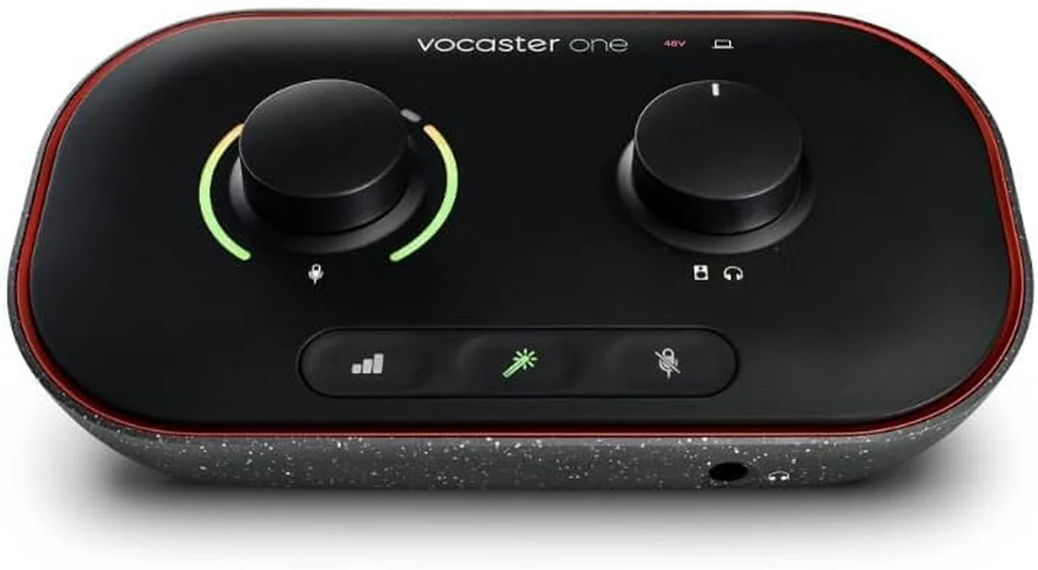 Interfaz de Podcast Focusrite Vocaster One – 70dB de Ganancia, Auto Gain y Conexión para Cámara/Móvil