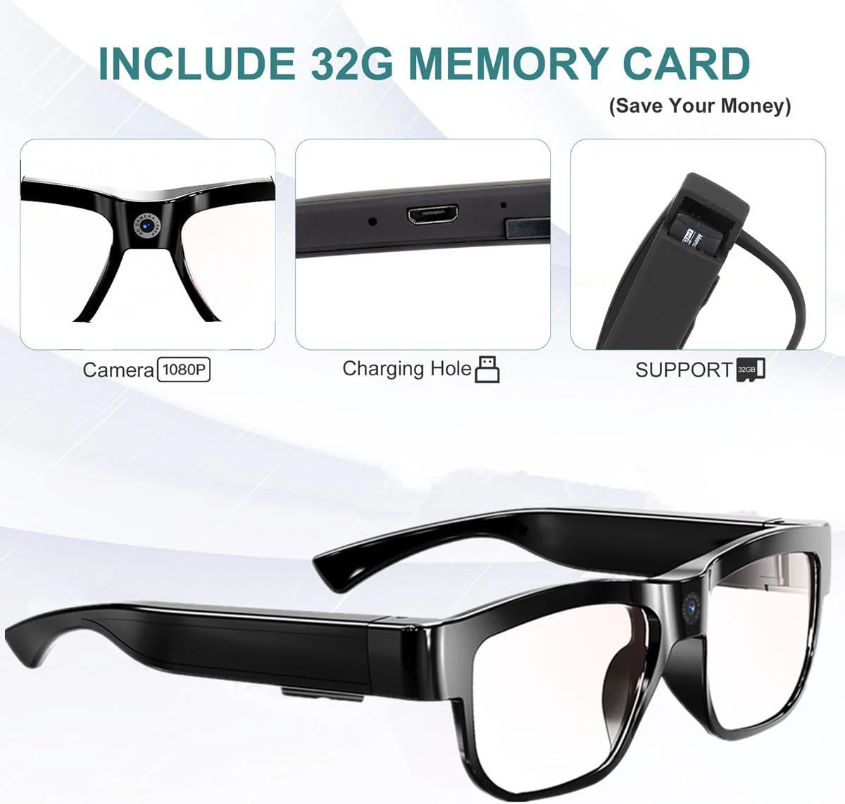 Lentes con cámara, gafas de vídeo, gafas inteligentes HD - Image 2