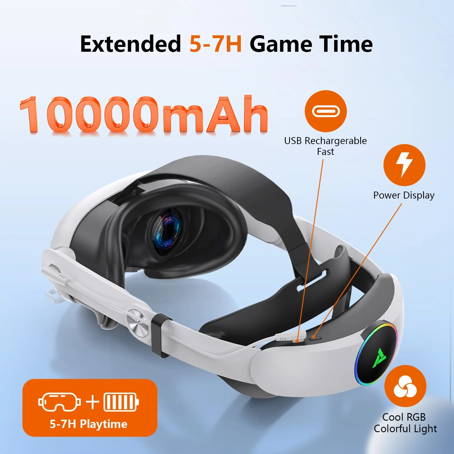 Auriculares VR RGB para Oculus/Meta Quest 3/3S, correa para la cabeza con batería de 10 000 mAh, correa Elite recargable que extiende el tiempo de reproducción de 4 a 6 horas y es ajustable para auriculares VR compatibles con accesorios Quest 3/3S. - Image 2