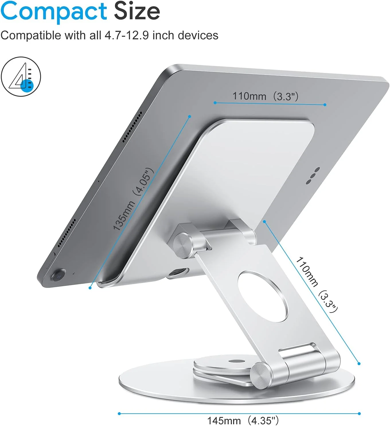 Soporte Giratorio para Tablet T6 para iPad con Base de Rotación de 360°, Soporte Plegable y Ajustable para Dibujo, Compatible con iPad Pro/Air/Mini y más, Plateado. - Image 8